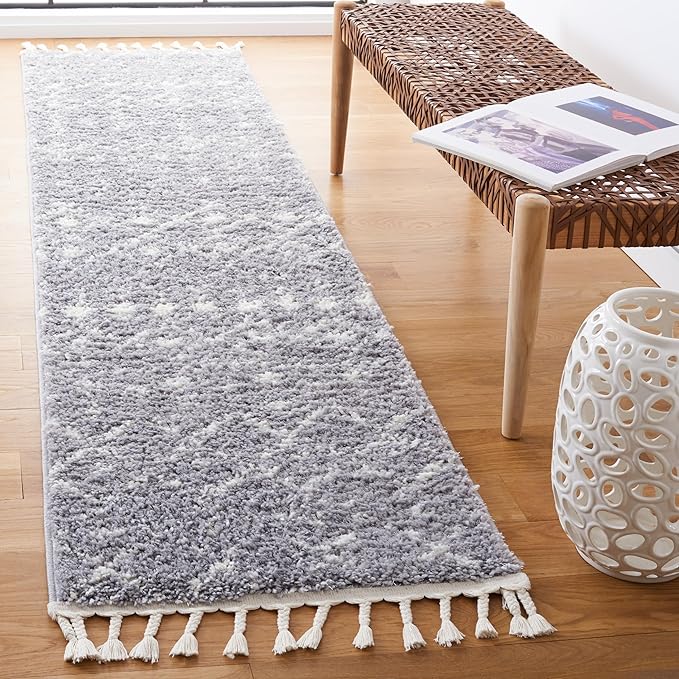 SAFAVIEH Berber Fringe Shag Collection Runner Rug - 2'2" x 8', Light Grey & Ivory, Design, Non-Shedding & Easy Care, 1.2-inch Thick Ideal for High Traffic Areas in Living Room, Bedroom (BFG516G)