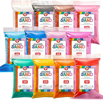 Hygloss Colored Play Sand – Assorted Craft Sand for Christmas Sand Art, 12 Vibrant Colors, 3 lb Bags – Perfect for Holiday Gifts, DIY Decorations, and Creative Christmas Crafts - 36 lb Total