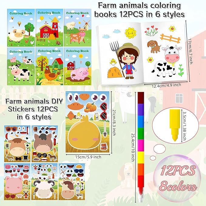 Farm Animals Party Favors,Farm Animal Coloring Books and Eight Color Crayons,Keychains Pull Back Cars Slap Bracelets Stickers For Kids