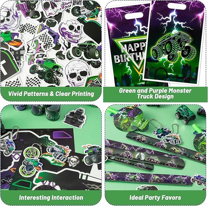 Haooryx Green Purple Monster Truck Party Favor - 122Pcs Monster Truck Slap Bracelets Sticker Blowouts Noisemakers Mini Vehicles Car Toy Keychain with Gift Bag for Kids Birthday Party Goodie Bag Supply
