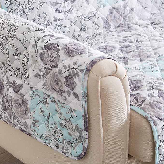Reversible Floral Patchwork Furniture Protector Scalloped Edge Stain Resistant Printed Furniture Protector Maribel Collection (Recliner, Gray/Aqua)