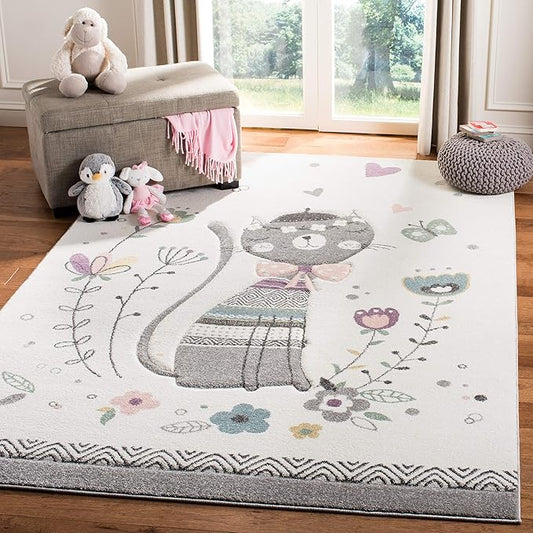 SAFAVIEH Carousel Kids Collection 8' Square Ivory/Pink CRK187A Cat Non-Shedding Nursery Playroom Area Rug