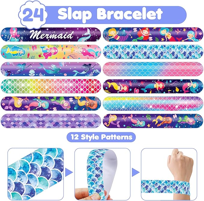 48PCS Mermaid Party Favors - 24PCS Tattoos & 24PCS Slap Bracelets - Undersea Birthday Supplies, Mermaid-Themed Decorations, Classroom Prizes, Gifts for Girls & Boys
