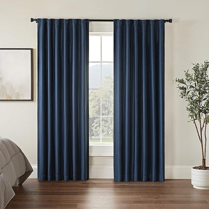 Eclipse Fresno Modern Blackout Thermal Rod Pocket Window Curtain for Bedroom (1 Panel), 52 in x 108 in, Dark Blue