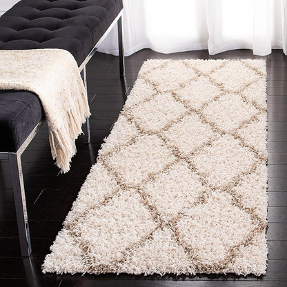 SAFAVIEH Dallas Shag Collection 2'3" x 10' Ivory/Beige SGDS257B Trellis Non-Shedding Living Room Bedroom Dining Room Entryway Plush 1.5-inch Thick Runner Rug
