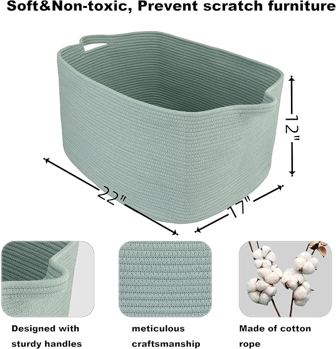 XUANGUO Large Rectangle Blankets Basket Living Room 22"x17"x12" Woven Cotton Rope Storage Baskets for Nursery Toy Baskets for Kids and Dogs Wicker Laundry Basket Bin for Clothes Towels green
