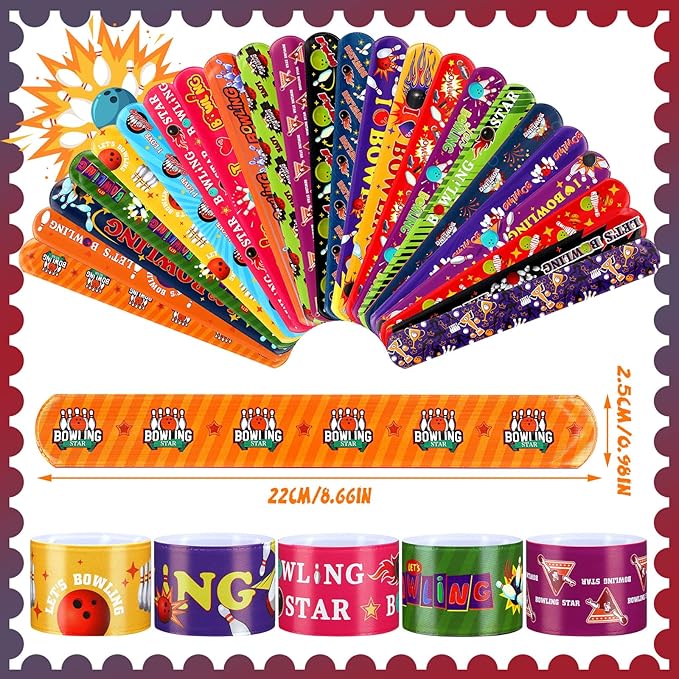 Marsui 48 Pcs Bowling Slap Bracelets Bulk Bowling Party Favors Snap Bracelets Bracelets Wristbands for Classroom Prizes Bowling Party Decorations Birthday Party Favors Gifts Supplies, 24 Designs