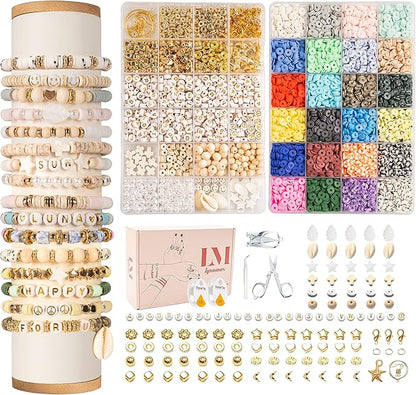 Clay Beads 8000 Pcs 2 Boxes Bracelet Making Kit - 24 Colors Polymer Clay Beads for Bracelet Making Set - Heishi Disc Beads for Jewelry Making kit with Charms and Gift Pack for Girls