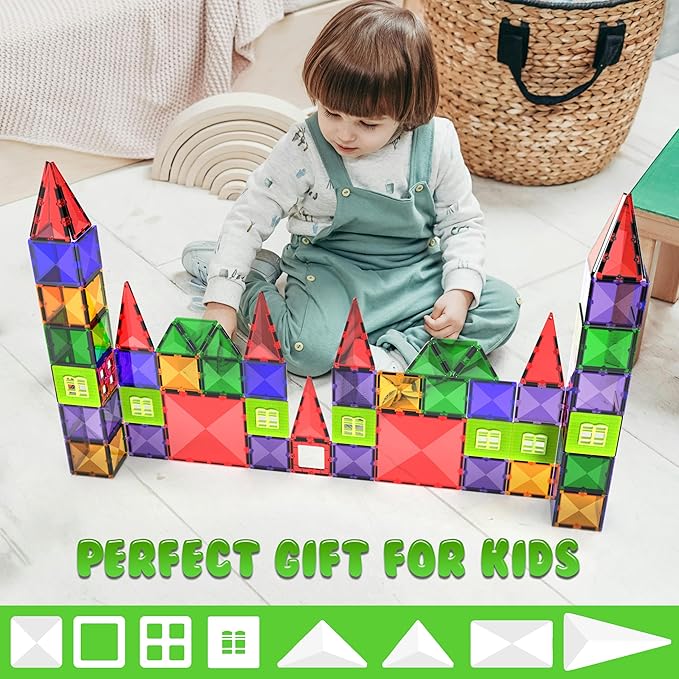 Magnetic Tiles Building Blocks Toy - STEM Educational Magnet Set for Kids, Creativity Preschool Learning Sensory Montessori Toddler Toys for Boys & Girls 3+ Years Old - 57PC