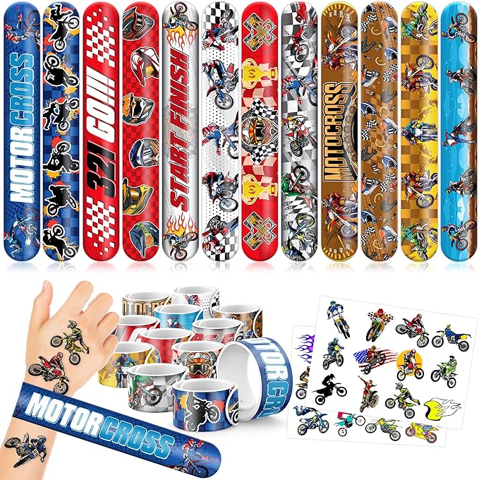 48PCS Dirt Bike Party Favors - 24PCS Tattoos & 24PCS Slap Bracelets, Motocross Bike Pattern, Ideal for Themed Birthday Parties, School Prizes, and Classroom Gift Exchange for Kids