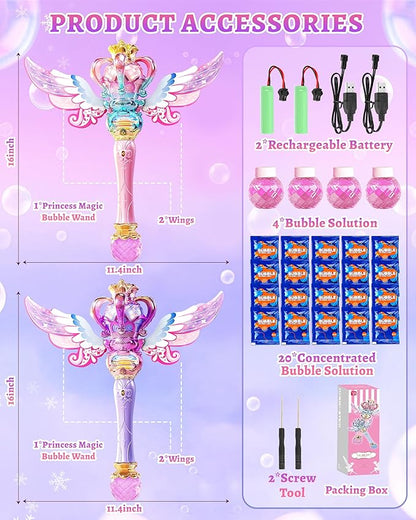 Uregoio 2 Pack Princess Bubble Wands Machine for Girls with Rotating Design, Outdoor Bubble Maker Toys for Kids Ages 4-8, Rechargeable Light & Music Fairy Wands for Party Birthday(Pink & Purple)