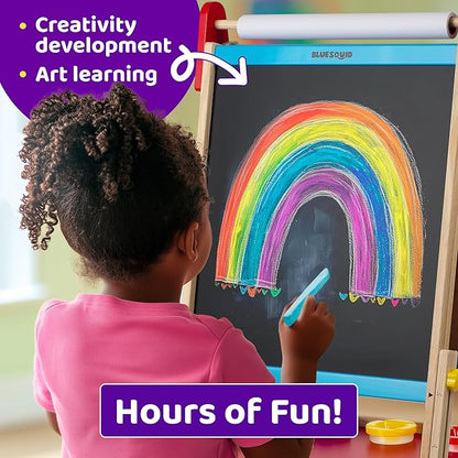 Blue Squid Art Easel for Kids - Dual-Sided Adjustable Wooden Painting Easels, Gift for Toddlers and Kid - with Magnetic Chalk Board, White Board & Paper Roll, (Multicolor +100 Accessories, Premium)