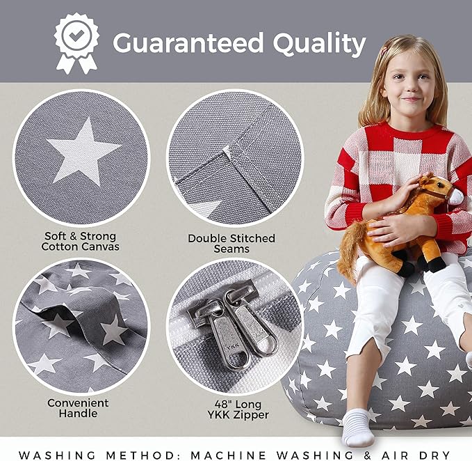 Aubliss Stuffed Animal Bean Bag Storage Chair, Beanbag Covers Only for Organizing Plush Toys, Turns into Bean Bag Seat for Kids When Filled, Medium 32"-Canvas Stars Grey