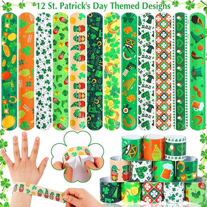 JUNEBRUSHS 50Pcs St Patricks Day Party Favors Slap Bracelets Rubber Bracelets, Assorted Silicone Wristbands Snap Bracelets for Kids St Patricks Day Classroom Gifts St Patricks Day Goodie Bag Stuffers