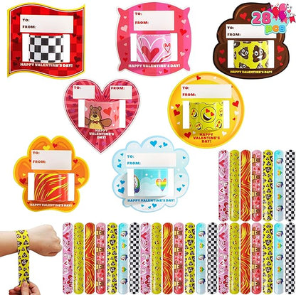 JOYIN 28 Packs Valentine's Day Slap Bracelet Set with Valentine Gift Cards for Classroom Exchange Prizes, Valentine Party Favors, Valentine’s Greeting Cards