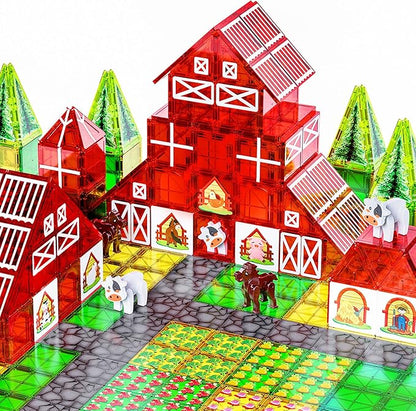 SKTMYY Magnetic Tiles Farm Animal Toy Set with Interactive Cow & Horse, Magnetic Building Blocks for Kids Ages 3-5 4-8 5-7, Magnet Tiles Educational STEM Toy for Boys & Girls