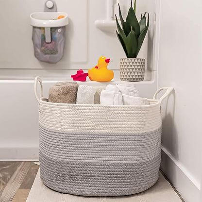 OrganiHaus Large Woven Storage Basket for Blankets and Toys 20" x 13" Inch, Rope Laundry Basket with Handles, Cushions & Pillows Storage Bin, Nursery Hamper, Soft Round Dog Toy Bin - Gray
