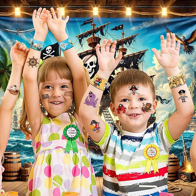 48PCS Pirate Party Favors - 24PCS Tattoos & 24PCS Slap Bracelets - Pirate-Themed Birthday Supplies, Treasure Hunt Decorations, Classroom Prizes, Gifts for Boys & Girls