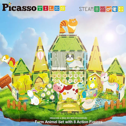 PicassoTiles Magnet Tile Building Blocks Farm Animal Toy Set with 8 Character Action Figures Magnetic Tiles STEM Learning Kit Playset Educational Pretend Play Preschool Toddler Child Kid Age 3+ PTQ17