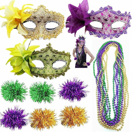 Qiandier 18pcs Mardi Gras Masks Bead Necklaces Bracelet Feathers Women Masquerade Party Mask Purple Green Gold