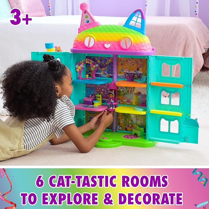 DREAMWORKS GABBY'S DOLLHOUSE, 14 Pc Celebration Dollhouse, 25-Inches Tall, with Toy Figures, Doll House Furniture & 10 Sounds, Kids Toys for Girls & Boys Ages 3+