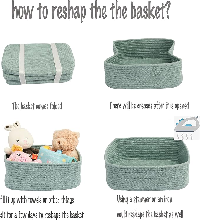 XUANGUO Small Woven Storage Baskets 13“X9”X5“ Decorative Rope Bins for Organizing Shelves, Closets, and Toys, Empty Gift Baskets, Cute Organizer Basket for Home and Office (green, Large)