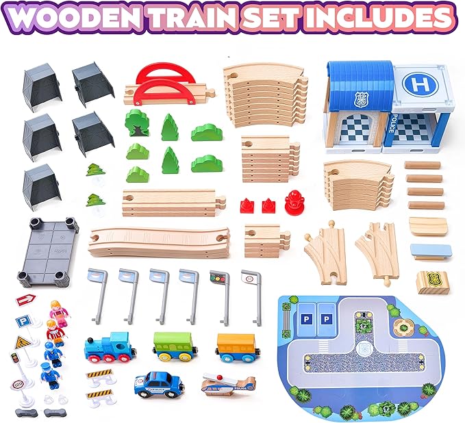 102Pcs Wooden Train Set for Toddlers, Wooden Train Track - Expandable and Changeable, Safe Educational Train Toys Gift for Boys & Girls Kids Ages 3-5 4-8, Compatible with All Major Brands