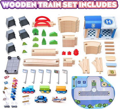 102Pcs Wooden Train Set for Toddlers, Wooden Train Track - Expandable and Changeable, Safe Educational Train Toys Gift for Boys & Girls Kids Ages 3-5 4-8, Compatible with All Major Brands