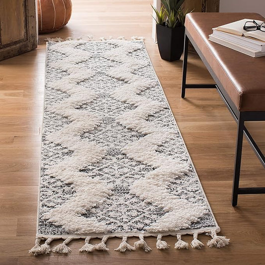 SAFAVIEH Moroccan Tassel Shag Collection Runner Rug - 2'3" x 18', Ivory & Grey, Boho Design, Non-Shedding & Easy Care, 2-inch Thick Ideal for High Traffic Areas in Living Room, Bedroom (MTS652F)