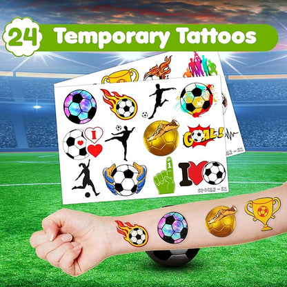 48PCS Soccer Party Favors - 24PCS Tattoos & 24PCS Slap Bracelets - Football-Themed Birthday Supplies, World Cup Decorations, Classroom Prizes, Gifts for Boys & Girls