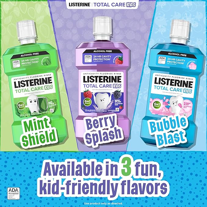 Listerine Total Care Kids Mouthwash, ADA Accepted, Alcohol-Free Anticavity Sodium Fluoride Mouthwash, Kids' Oral Rinse for Cavity Protection, Mint Flavor for Children's Oral Care, 500 mL