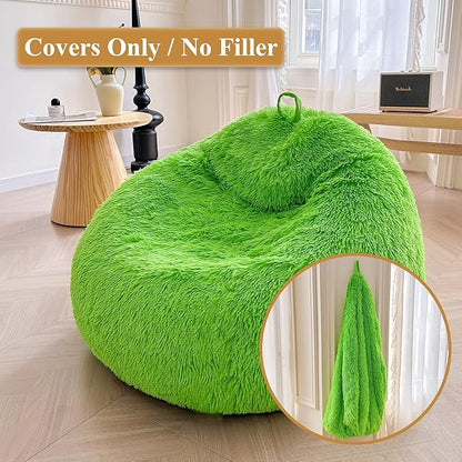 XeGe Fluffy Stuffed Animal Storage Bean Bag Chair Cover(No Filler), Faux Fur Washable Soft Bean Bag Cover for Plush Toys or Textile, Plush Shaggy Large Bean Bag for Adults Kids Teens, Lime Green
