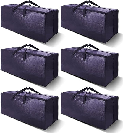 VELVETSURE Heavy Duty Extra Large Moving Bags W/Backpack Straps - Strong Handles & Zippers, Storage Totes For Space Saving, Fold Flat, Alternative to Moving Box and Storage Bin (Set of 6, Blue)