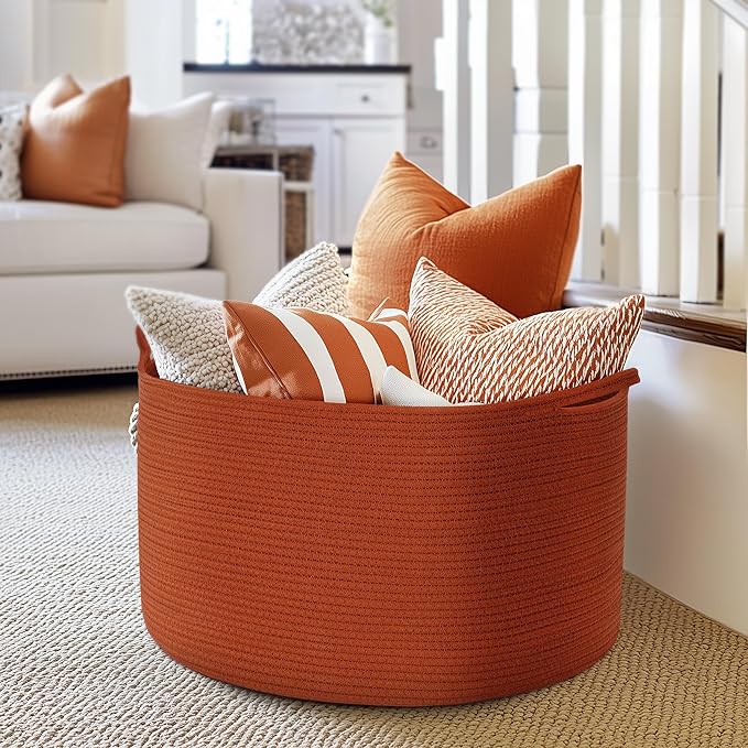 XXL Large Cotton Rope Basket - Maliton Large Storage for Blankets, Towels, Pillows - Round Toy Basket - Woven Laundry Hamper with Handles - 22" x 22" x 14" Nursery Hamper Bin, Burnt Orange