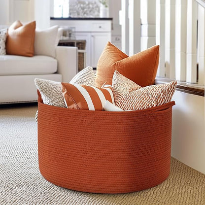XXL Large Cotton Rope Basket - Maliton Large Storage for Blankets, Towels, Pillows - Round Toy Basket - Woven Laundry Hamper with Handles - 22" x 22" x 14" Nursery Hamper Bin, Burnt Orange
