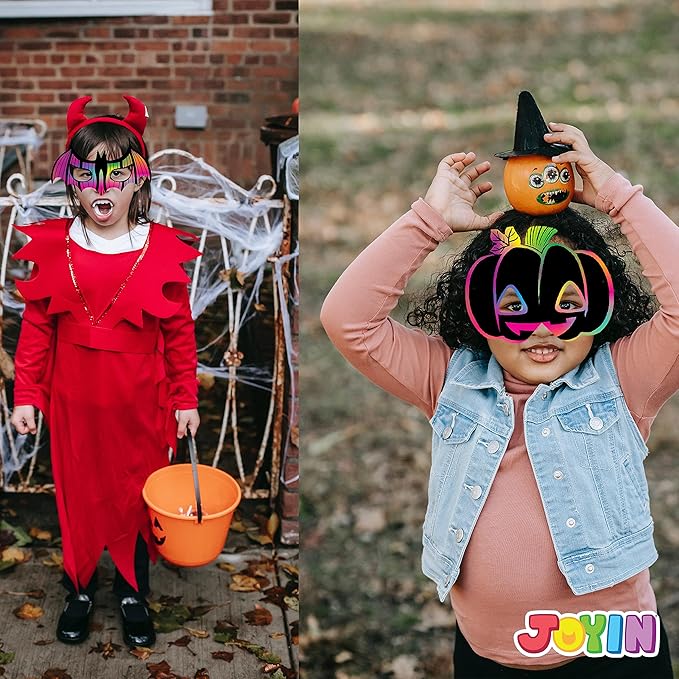 JOYIN 32 Pcs Halloween Rainbow Scratch Masks Crafts for Kids, Halloween Party Favors, Scratch Art Masks, Halloween Party Supplies, Scratch Off Paper Animal Masks Classroom Activities Gift Party Games