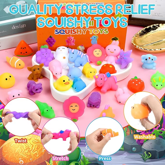 32 Pack Mochi Squishy Toys Kawaii Squishies Stress Relief Toys Pack for Kids Boys Girs Party Favors Bulk Easter Egg Fillers Easter Hunt Basket Stuffers