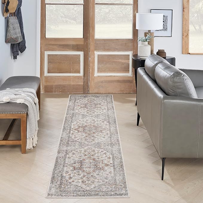 Nourison Astra Machine Washable Traditional Grey/Multi 2'2" x 12' Area Rug, Easy Cleaning, Non Shedding, Bed Room, Living Room, Dining Room, Kitchen (2x12)