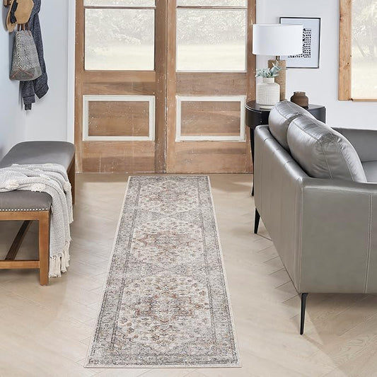 Nourison Astra Machine Washable Traditional Grey/Multi 2'2" x 12' Area Rug, Easy Cleaning, Non Shedding, Bed Room, Living Room, Dining Room, Kitchen (2x12)