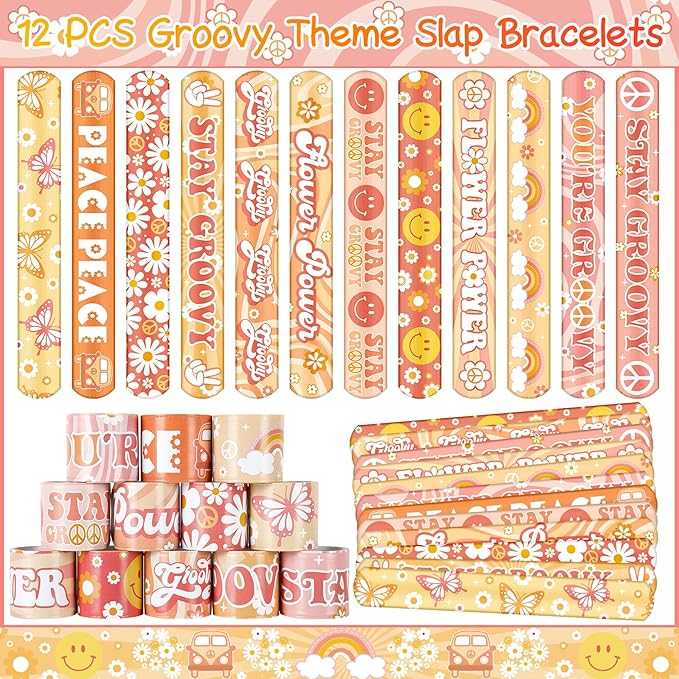 Groovy Party Favors 72 PCS Retro Boho Slap Bracelets DIY Stickers Temporary Tattoos Keychains Plastic Straws Gift Bags for Retro 60s 70s Boho Themed Birthday Party Baby Shower Classroom Rewards