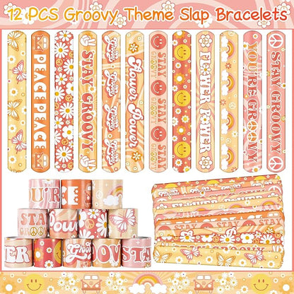 Groovy Party Favors 72 PCS Retro Boho Slap Bracelets DIY Stickers Temporary Tattoos Keychains Plastic Straws Gift Bags for Retro 60s 70s Boho Themed Birthday Party Baby Shower Classroom Rewards