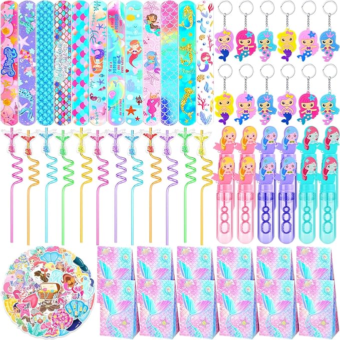 110 Pcs Mermaid Party Favors Birthday Decoration Party Supplies Mermaid Bubble Wands Straws Keychains Bag Snap Bracelet Stickers Fillers