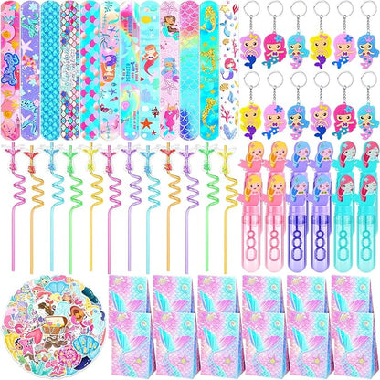110 Pcs Mermaid Party Favors Birthday Decoration Party Supplies Mermaid Bubble Wands Straws Keychains Bag Snap Bracelet Stickers Fillers