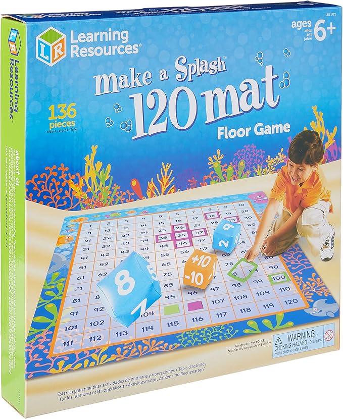 Learning Resources Make a Splash 120 Mat Floor Game, Addition/Subtraction - 136 Pieces, Ages 6+ Math Games for Kids, Educational Games