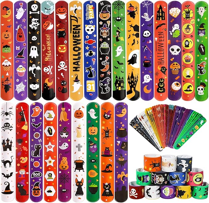 MGparty 72PCS Halloween Slap Bracelets 24 Halloween Theme Designs Spider Pumpkin Ghost Zombie Bat Witches Snap Bracelet for Kids Party Favors Toys Prizes Pinata Goodie Bags Fillers