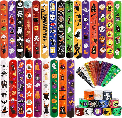 MGparty 72PCS Halloween Slap Bracelets 24 Halloween Theme Designs Spider Pumpkin Ghost Zombie Bat Witches Snap Bracelet for Kids Party Favors Toys Prizes Pinata Goodie Bags Fillers