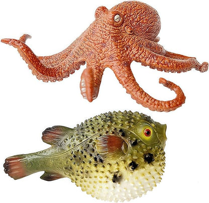 Gemini&Genius Pufferfish and Octopus Toys for Kids, Sea Animals Action Figure Set, Pufferfish and Octopus Hard Plastic Figurines, Sea Life Educational Gifts, Play&Display, Collection Models for Kids
