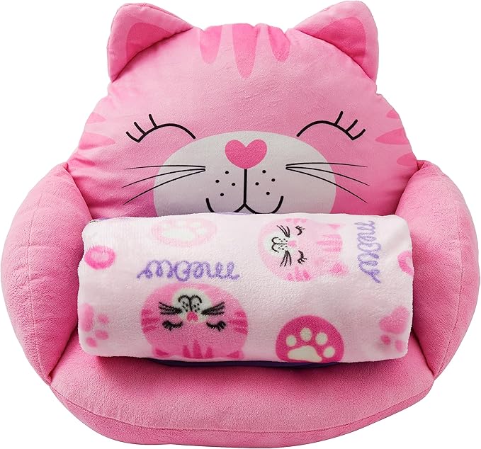 Unicorns & Robots Girls Cat Kids Lounge Pillow with Blanket, Plush Animal Cozy Cushion, Playroom Cozy Cushion & Kitty Room Decor, Ages 3+