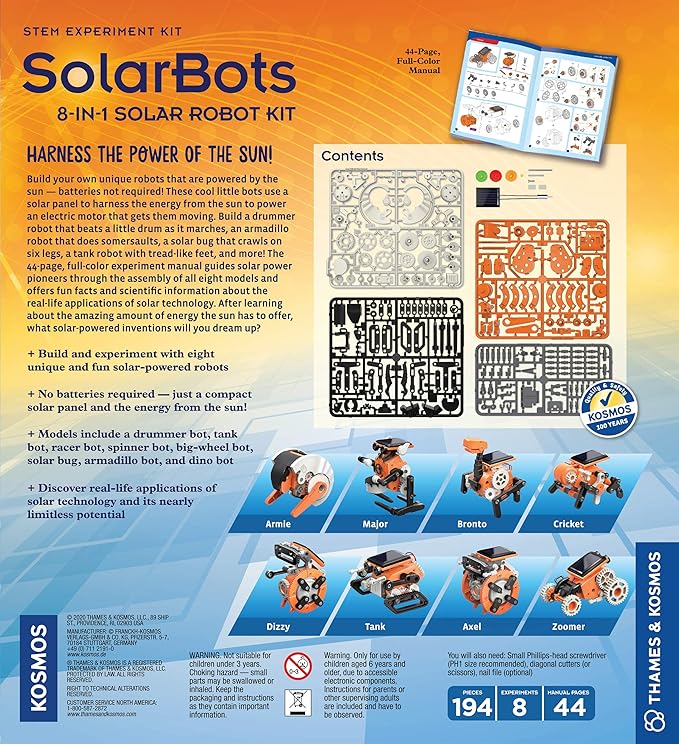 Thames & Kosmos SolarBots: 8-in-1 Solar Robot STEM Experiment Kit | Build 8 Cool Solar-Powered Robots in Minutes | No Batteries Required | Learn About Solar Energy & Technology | Solar Panel Included