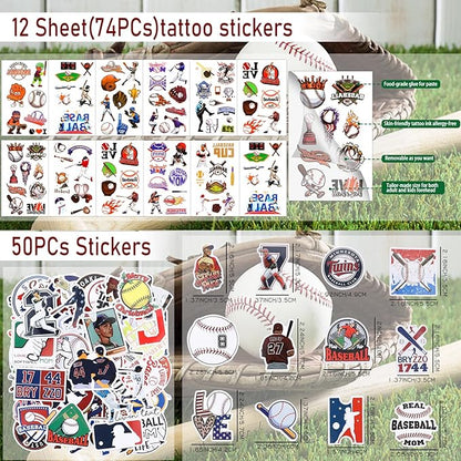 208Pcs Baseball Party Favors with Baseball Party Bags Baseball Whistle Mini Foam Baseball Ball Slap Bracelets Keychains Sticker Tattoo Eraser for Baseball Party Goodie Bag Fillers Party Decorations